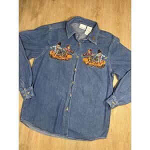 Vintage 90s Embroidered Autumn Scarcrow Shirt M Button Cotton Granny Kitch